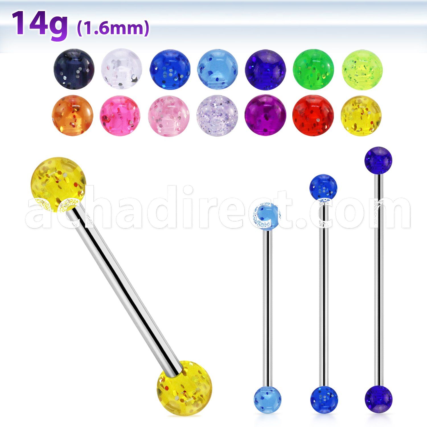 bbigt5 316l steel industrial barbell with acrylic glitter ball