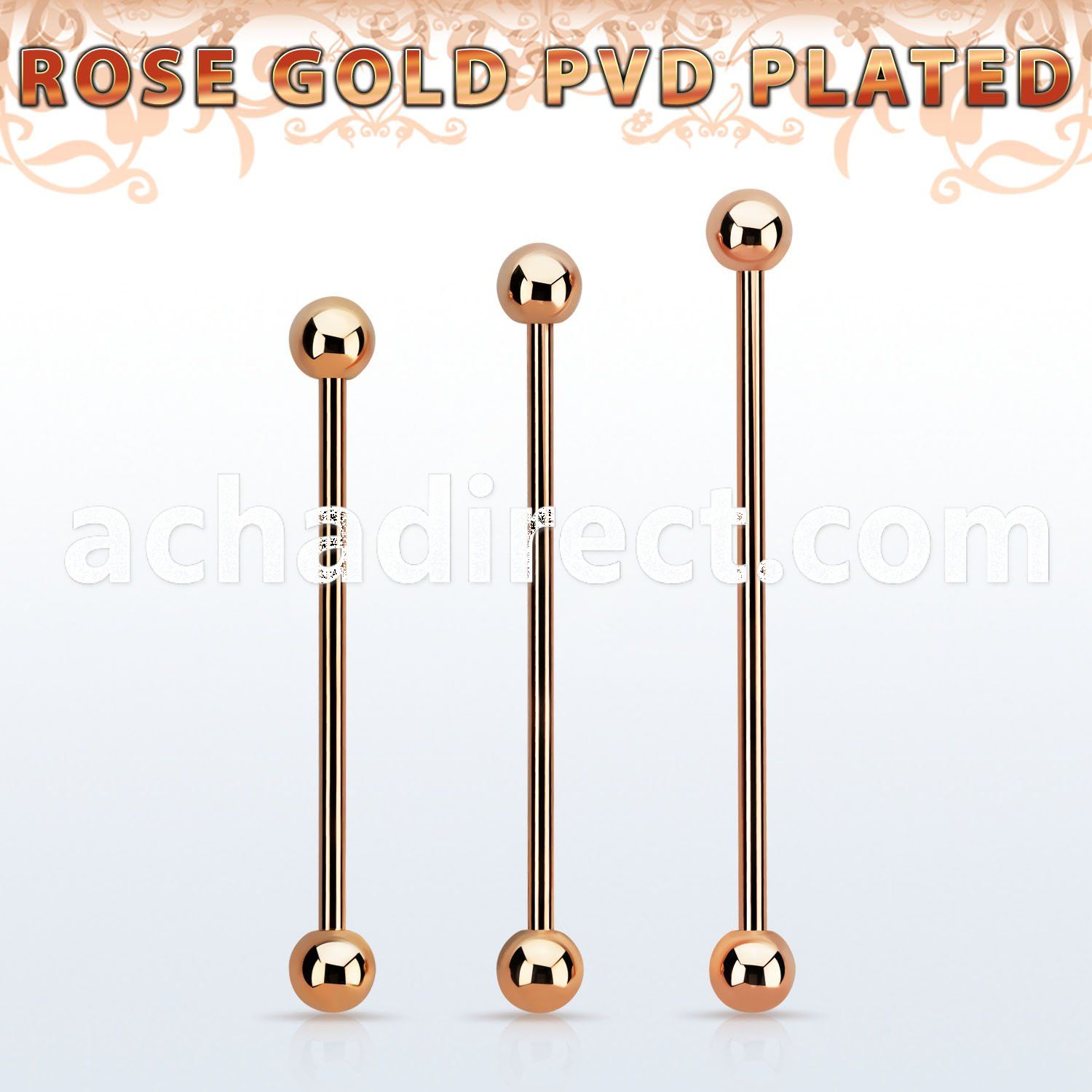 bbittb rose gold 316l steel industrial barbell, w two 5mm balls
