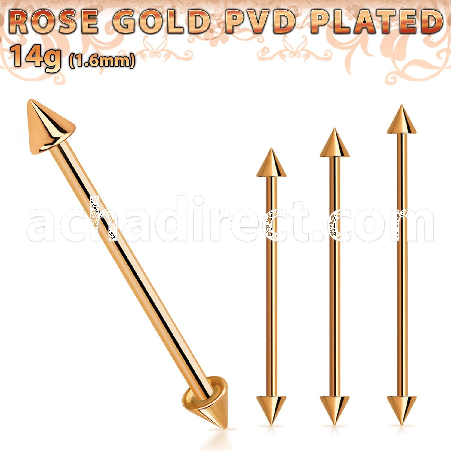 bbittcn4 rose gold steel industrial barbell w 2 4mm cones