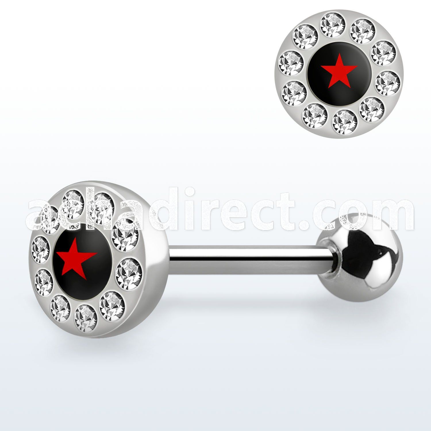 bbloc3 316l steel tongue barbell with crystallic red star logo