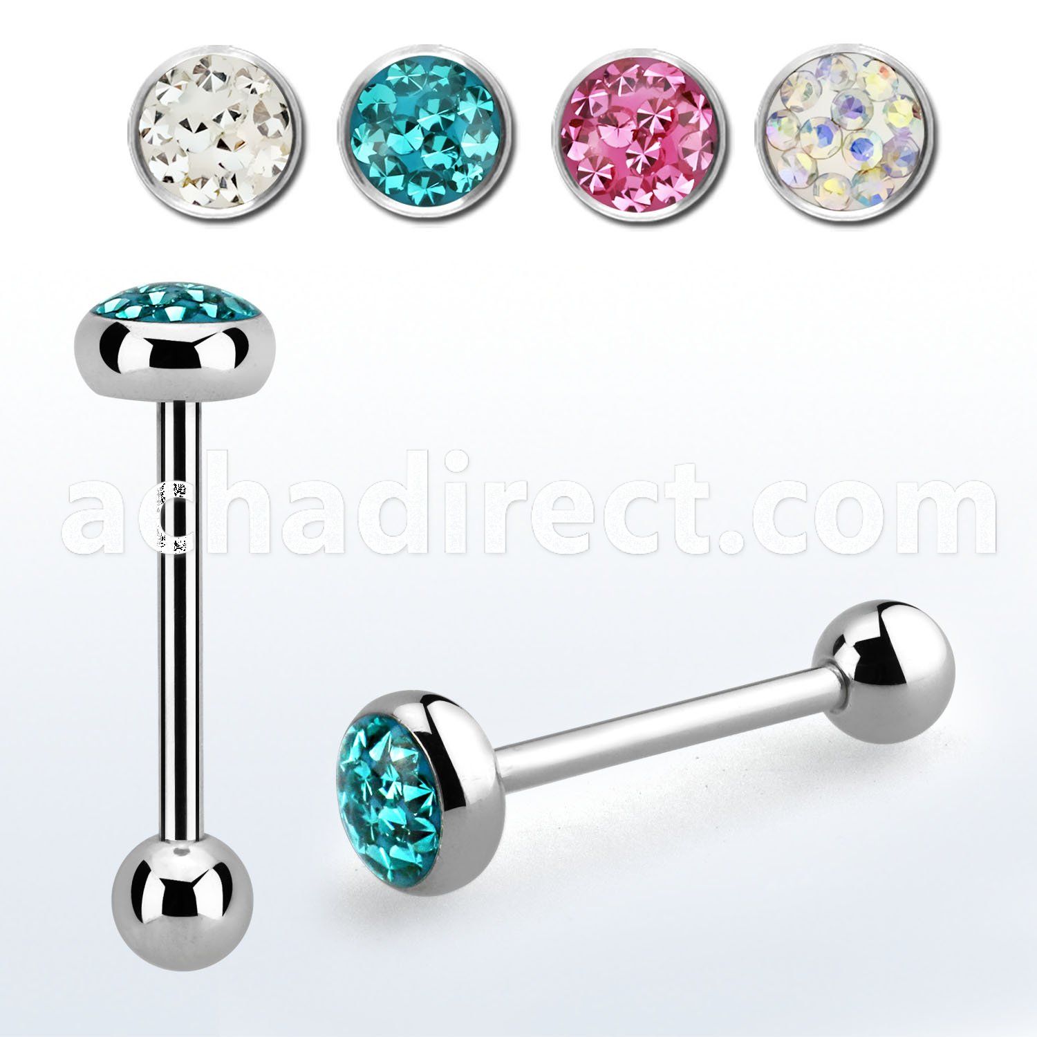 bbmtj8 steel tongue barbell w flat top w ferido crystal resin