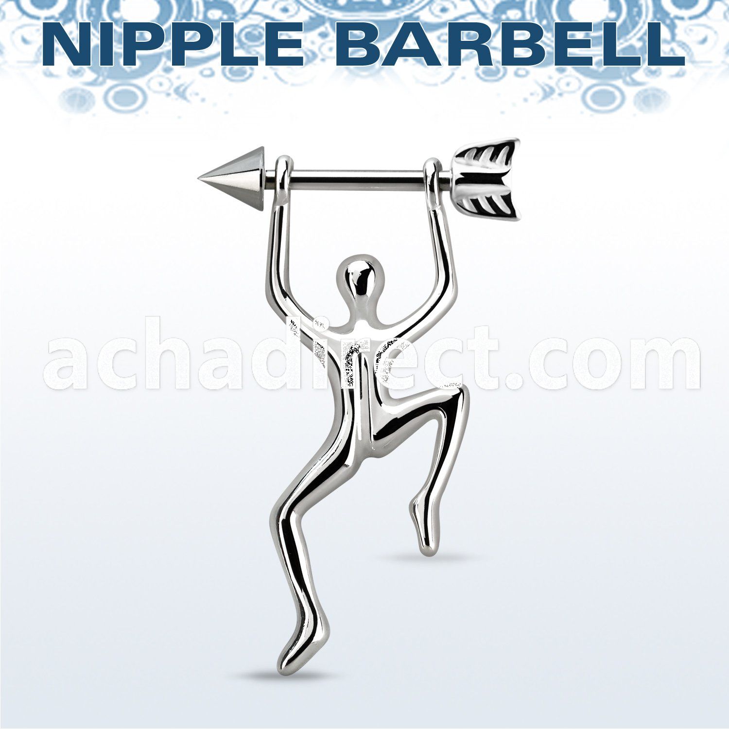 bbnpd14 316l steel nipple barbell w casted arrow hanging man 