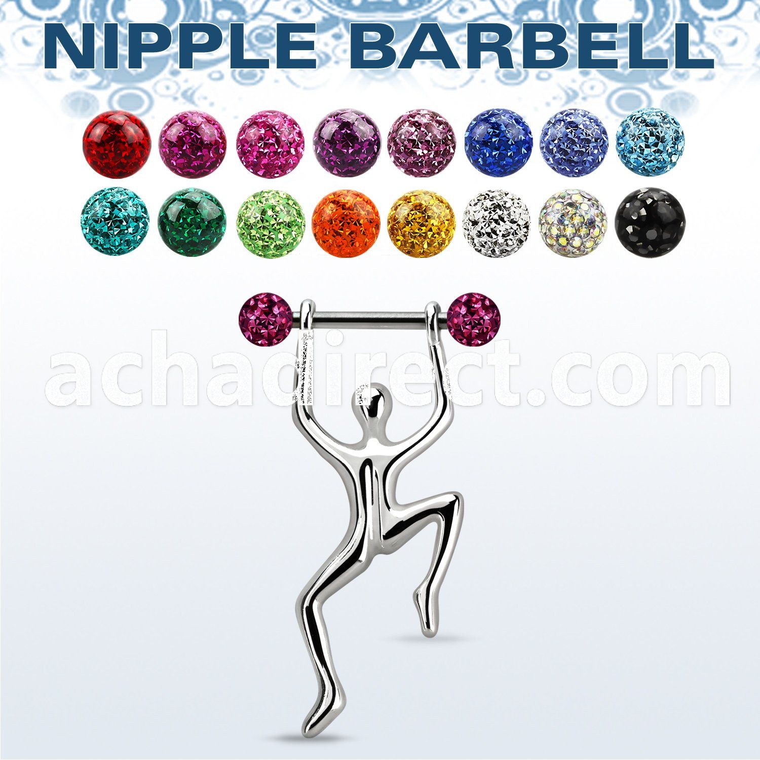 bbnpd15 steel nipple barbell w multi crystal ball hanging man 