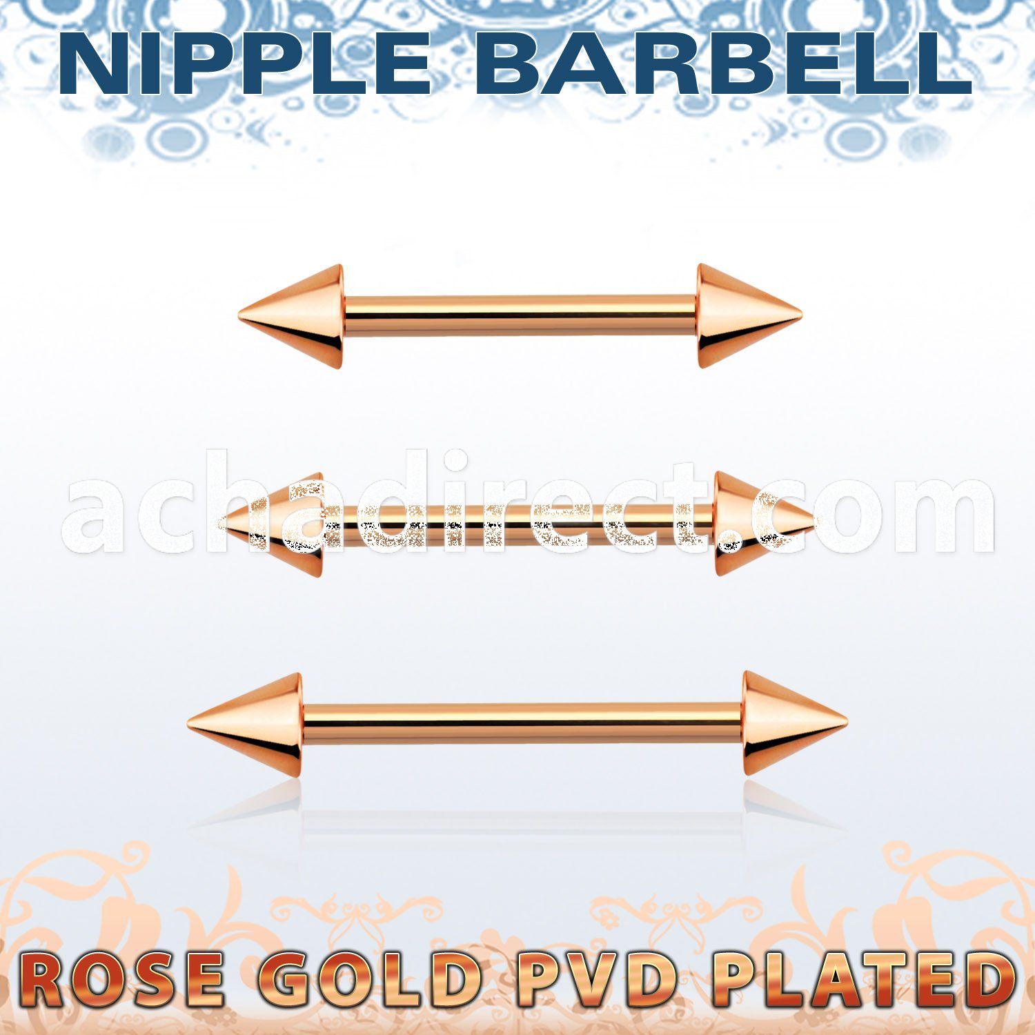bbnpttcn rose gold steel nipple barbell w 2 4mm cones
