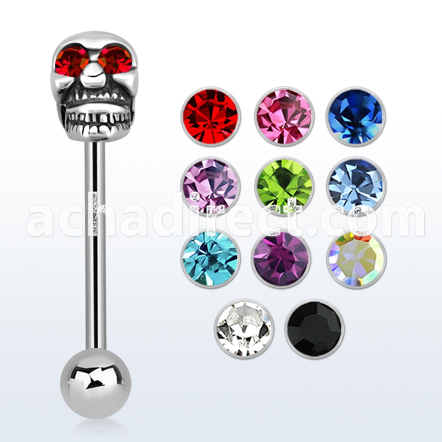 bbskc 316l steel tongue barbell with skull w crystal eyes