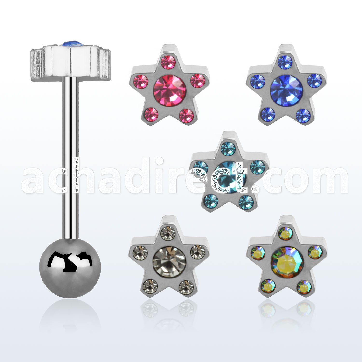 bbsrc 316l steel tongue barbell w crystal star top 6mm ball
