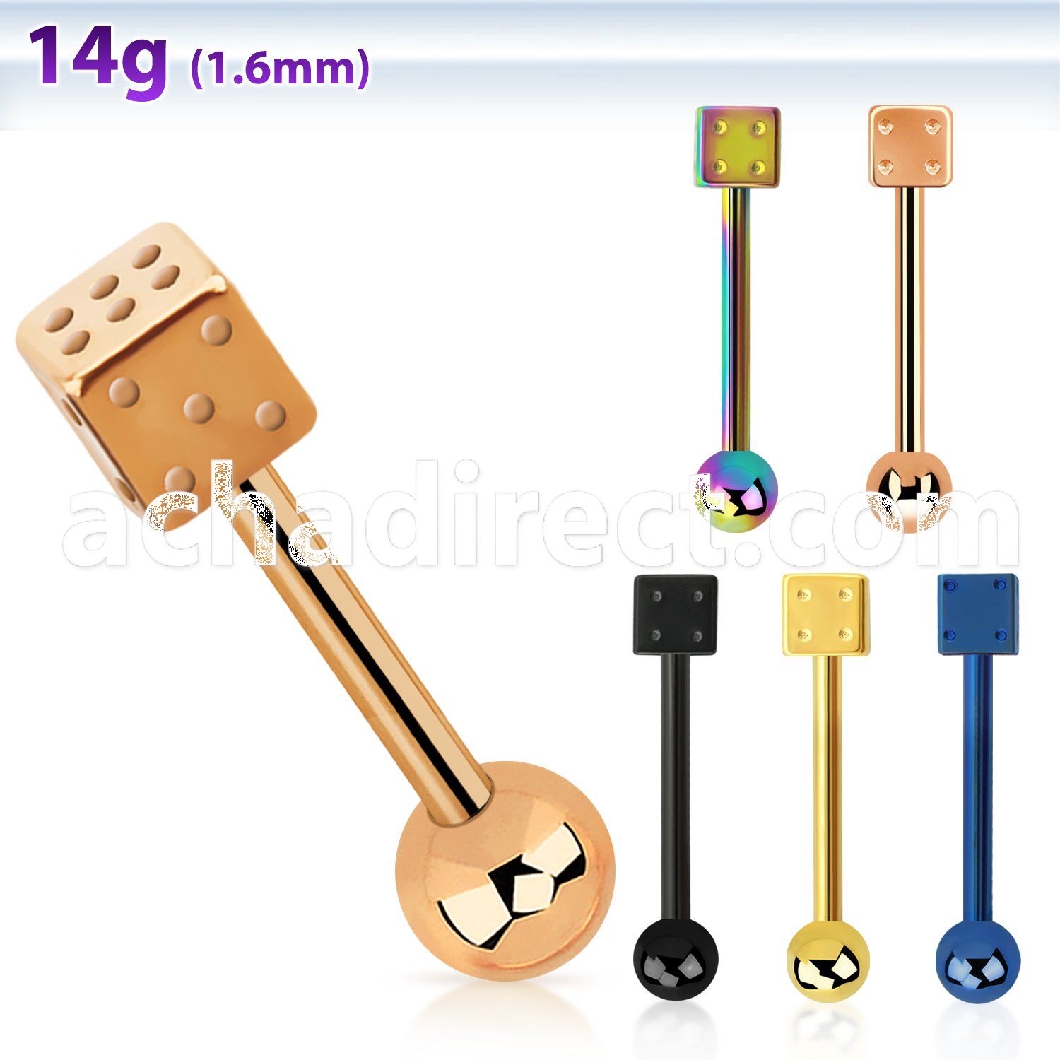 bbtdi anodized 316l steel tongue barbell w dice steel ball