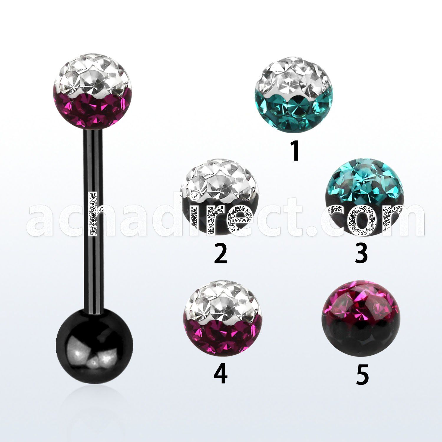 bbtfr5e anodized 316l steel tongue barbell w 2 color crystal