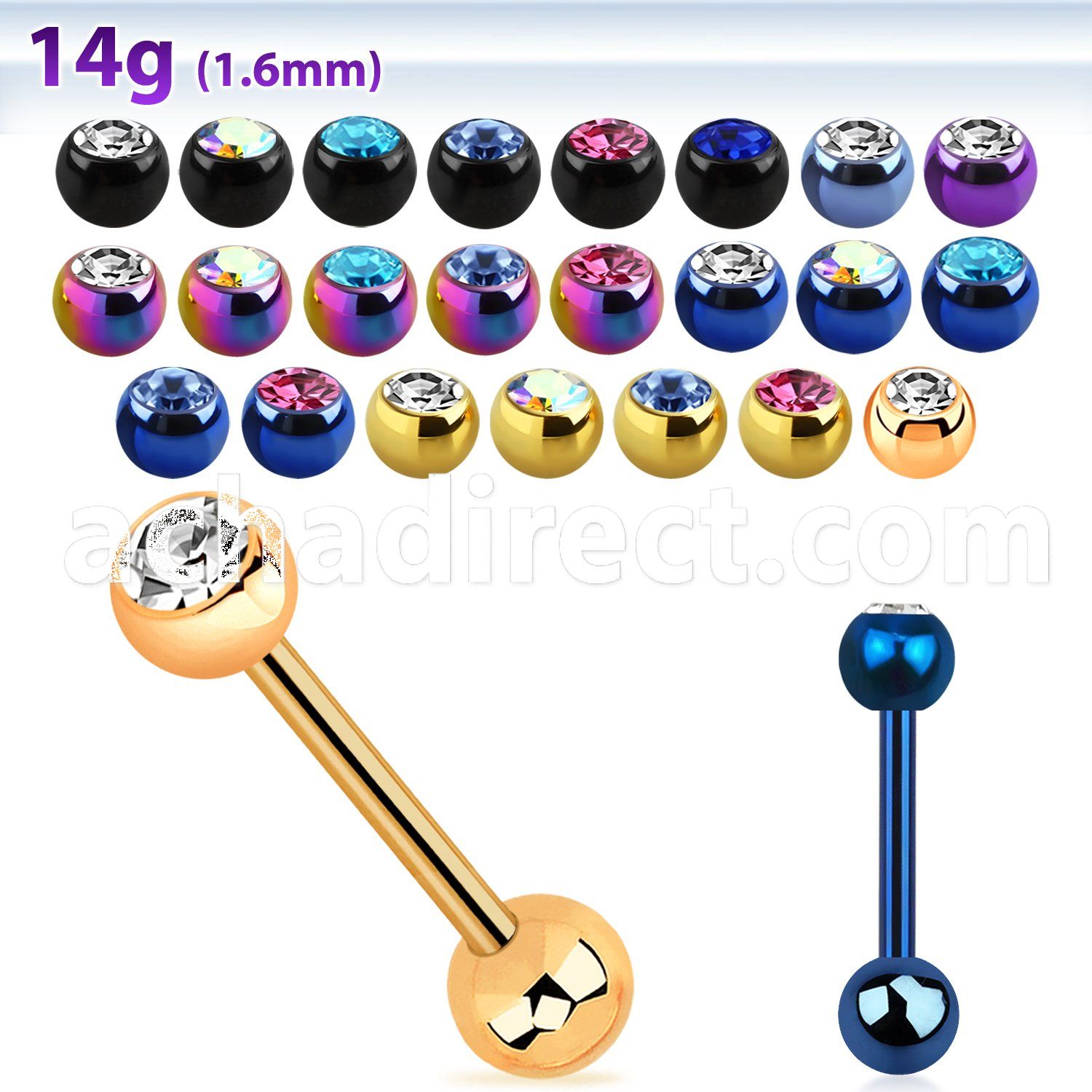 bbtm anodized 316l tongue barbell w jewel top plain ball
