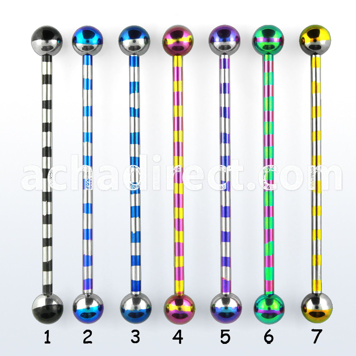 bbtrb zebra striped pvd 316l steel industrial barbell w balls