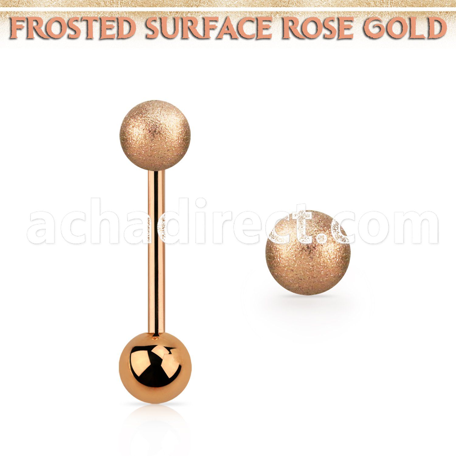bbttfo6 rose gold steel tongue barbell w top 6mm frosted ball