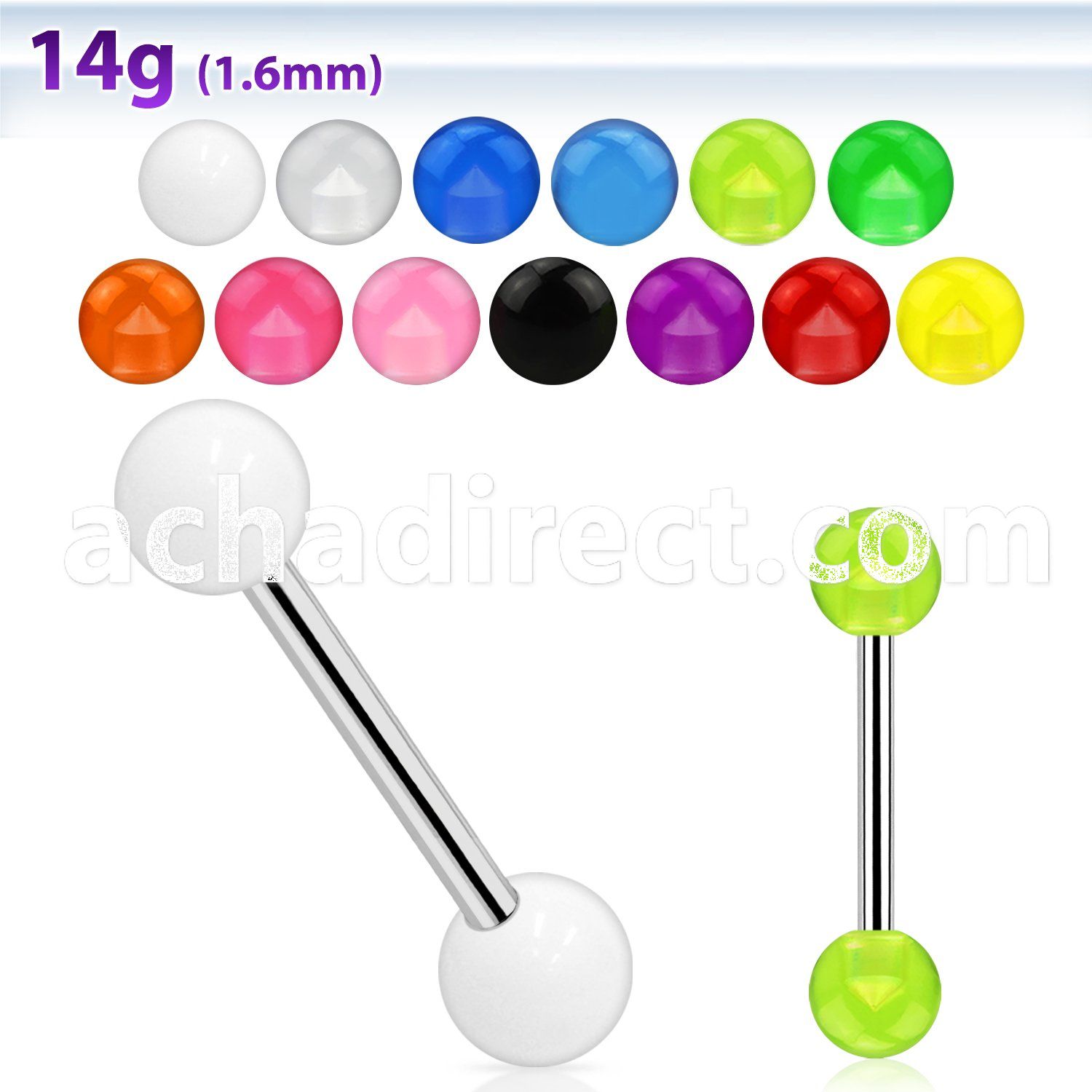 bbuv 316l steel tongue barbell with 6mm acrylic uv ball