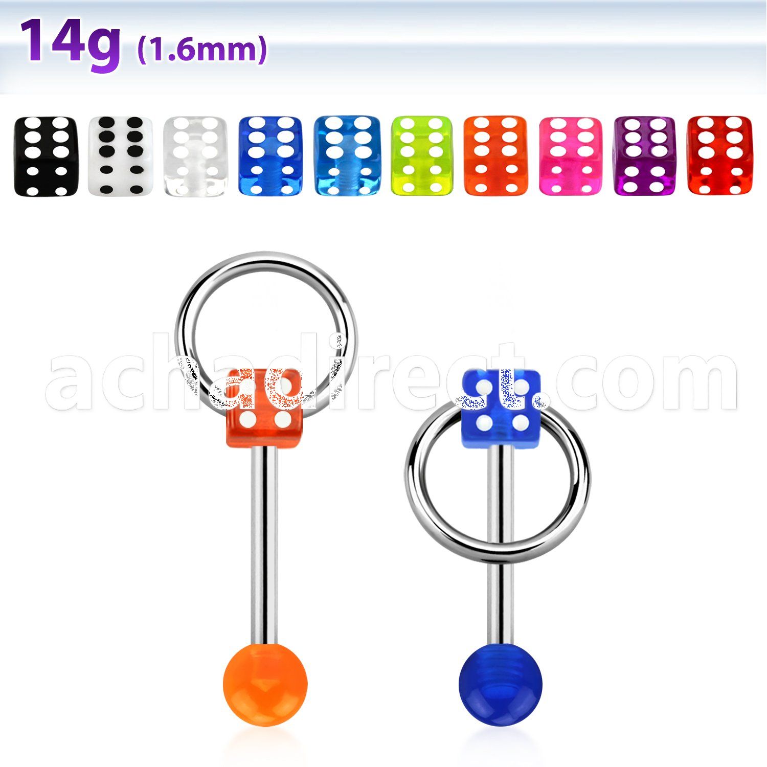 bbuvdisl 316l steel tongue barbell w uv dice top w slave ring