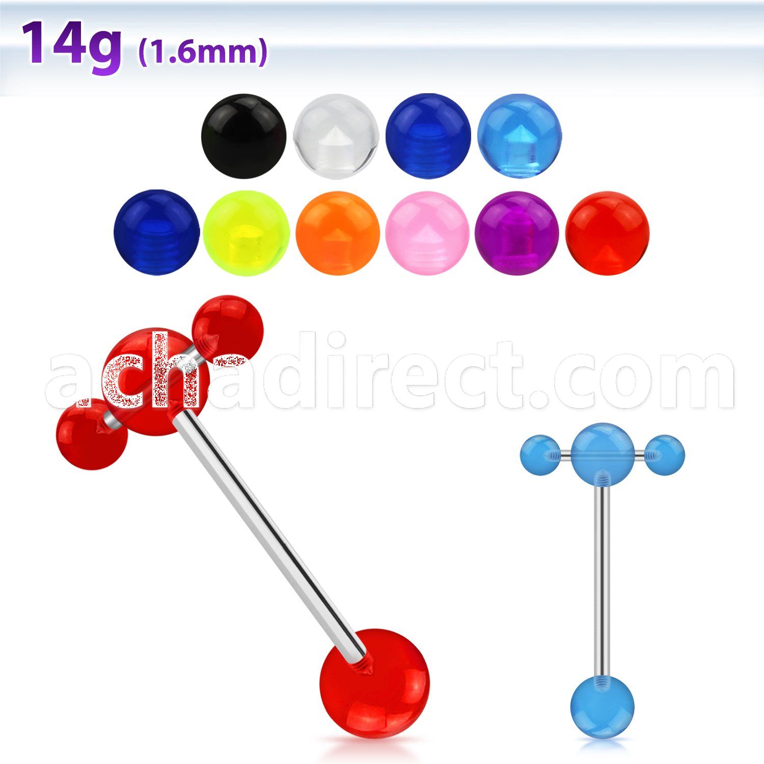 bbuvspn 316l steel tongue barbell w acrylic uv ball spinner