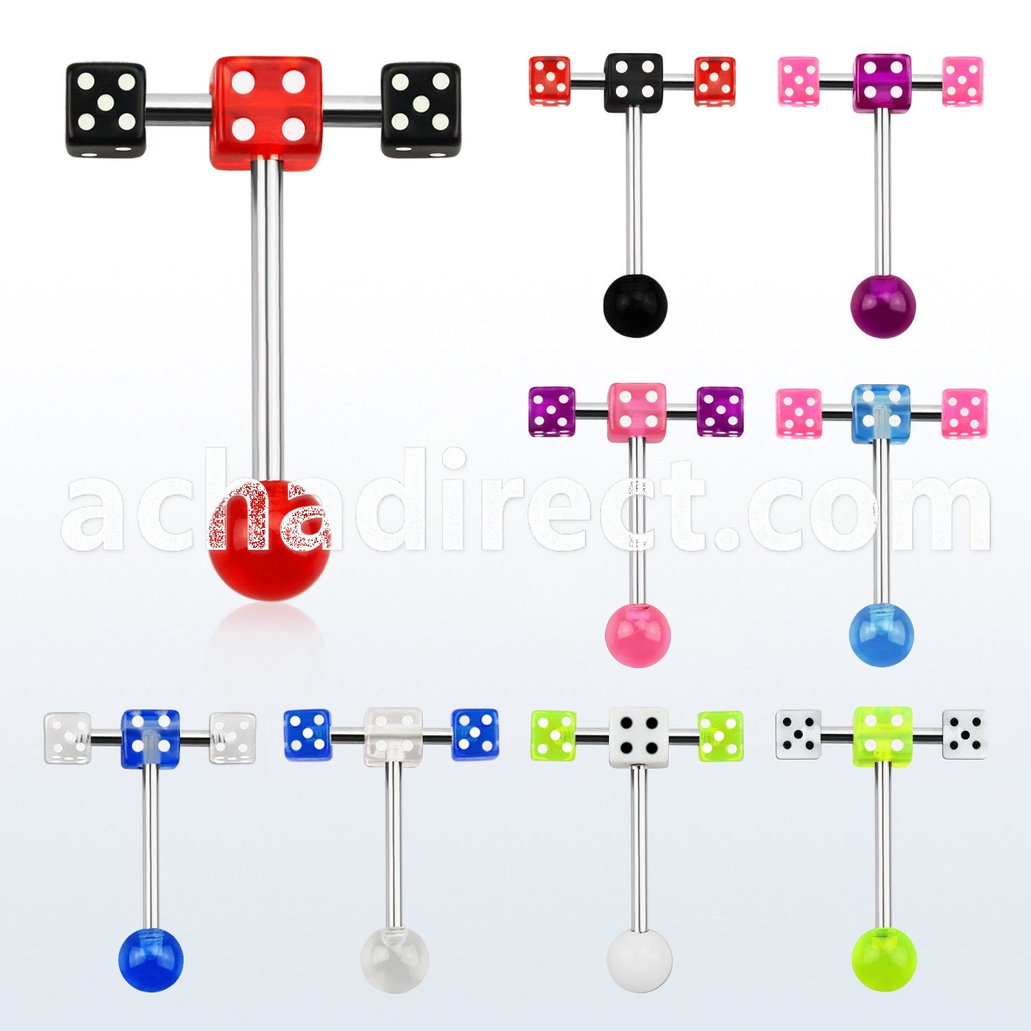 bbvdspn2 316l steel tongue barbell w acrylic uv ball 4mm dice