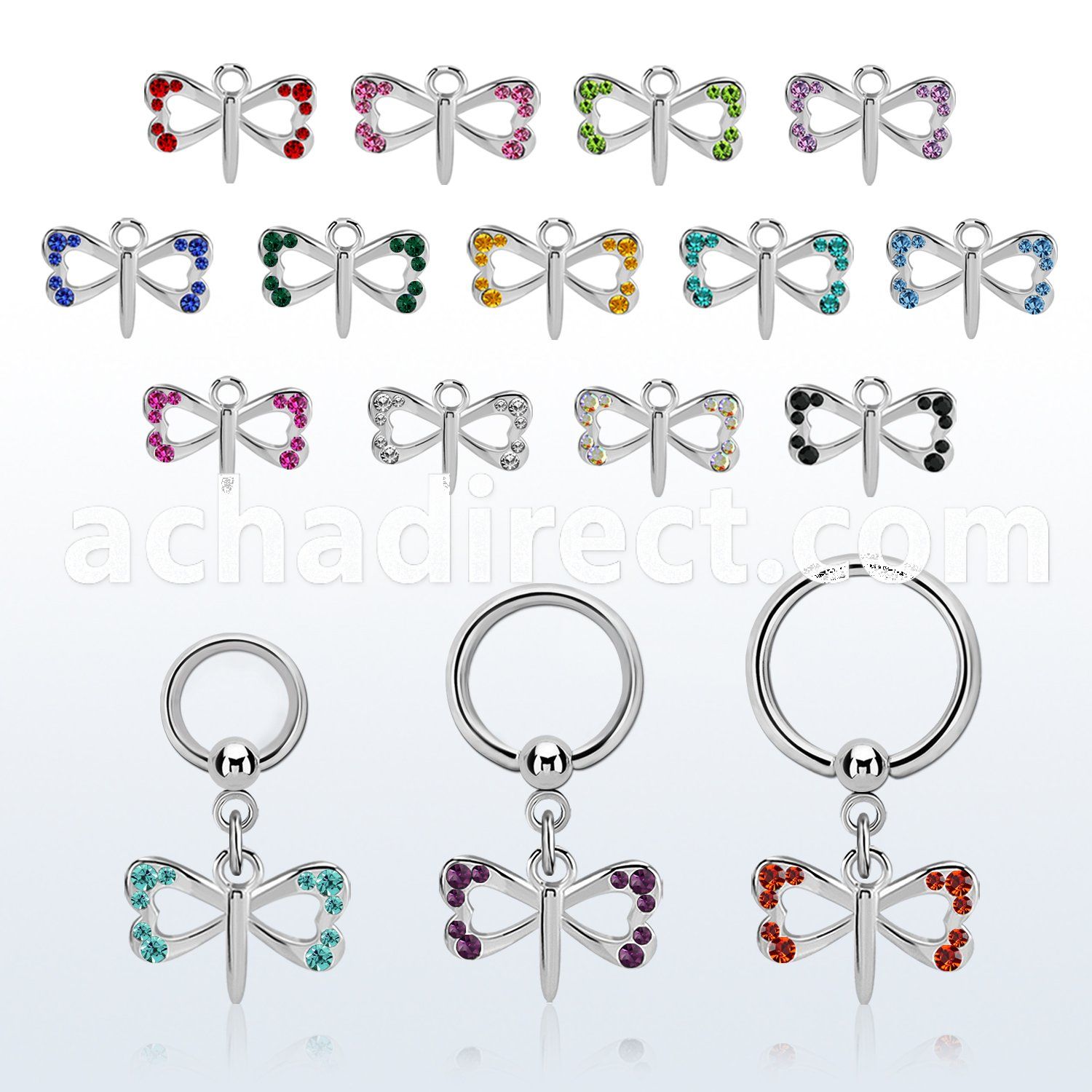 bcrg761 steel ball closure ring, 14g w dangling small butterfly