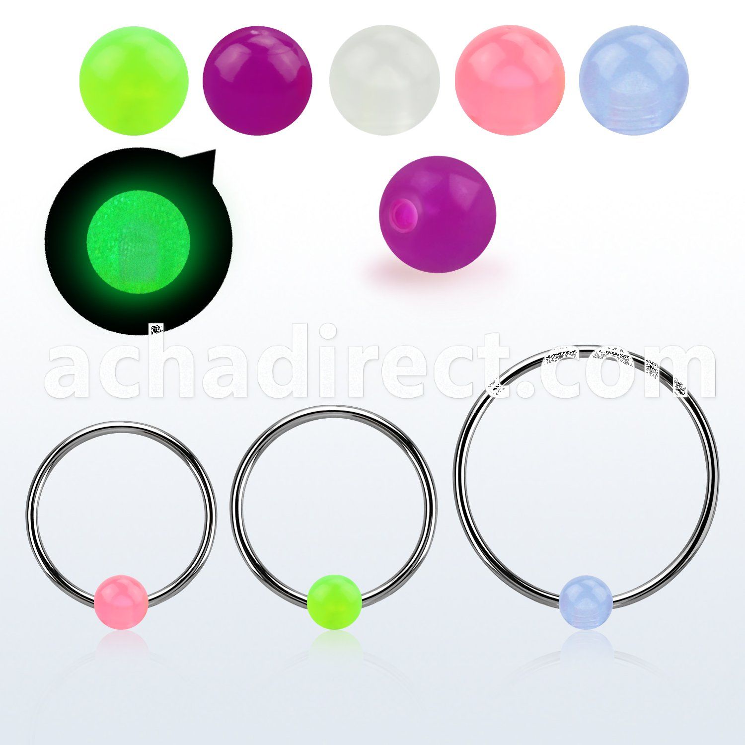 bcrgl5l xxl 316l steel bcr, 14g w 5mm glow in the dark ball