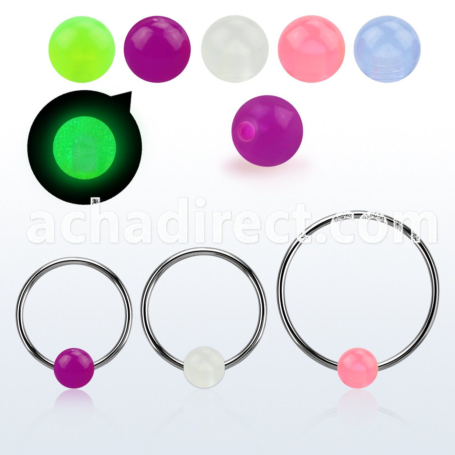 bcrgl6l xxl 316l steel bcr, 14g w 6mm glow in the dark ball