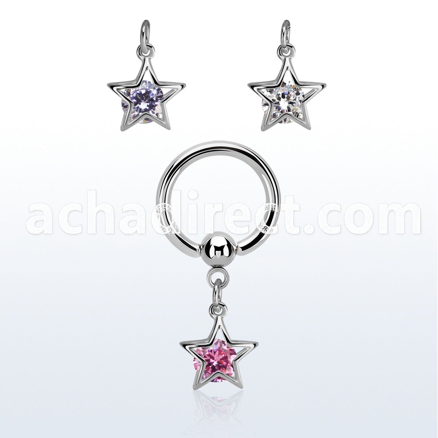 bcrgz414 steel ball closure ring w dangling star shape w cz stone