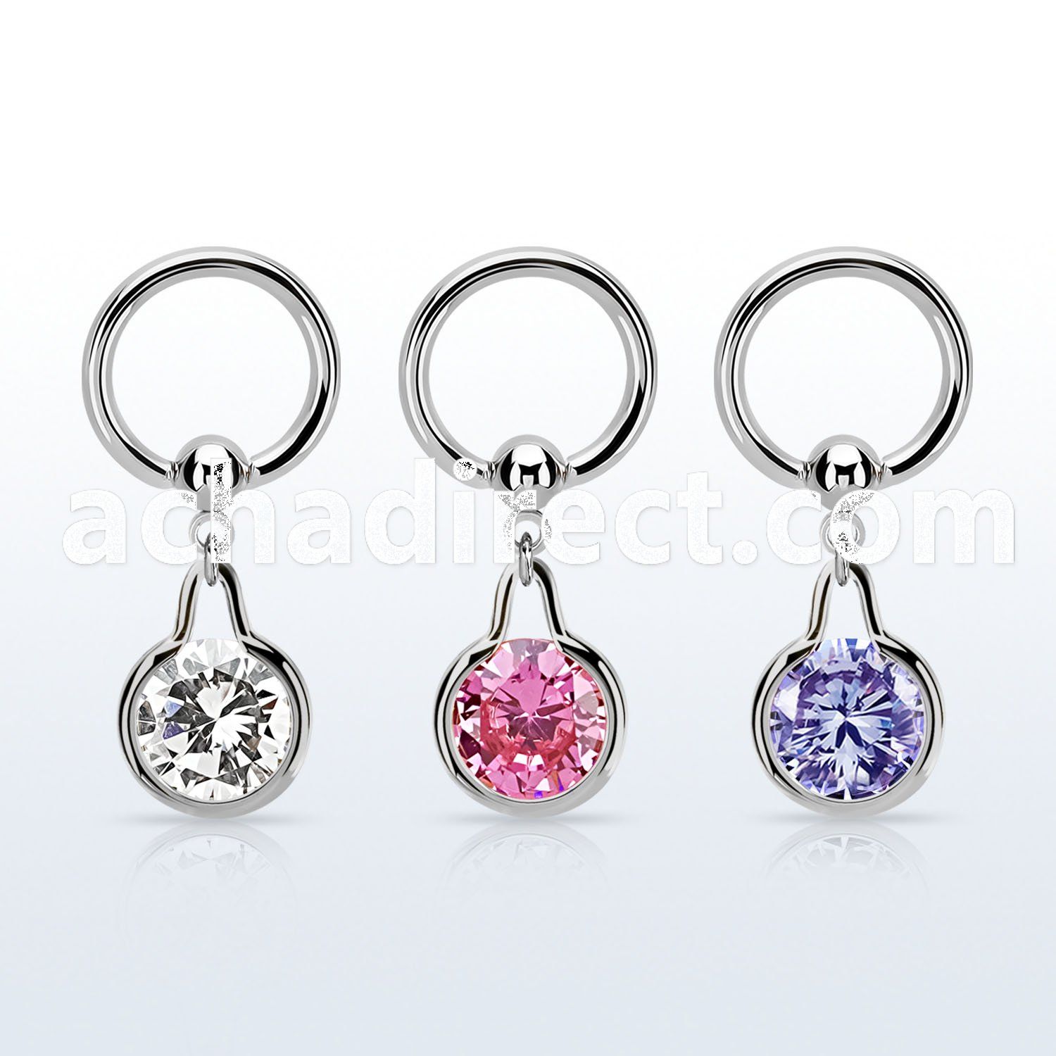 bcrgz417 steel ball closure ring w dangling w cz stone in middle 