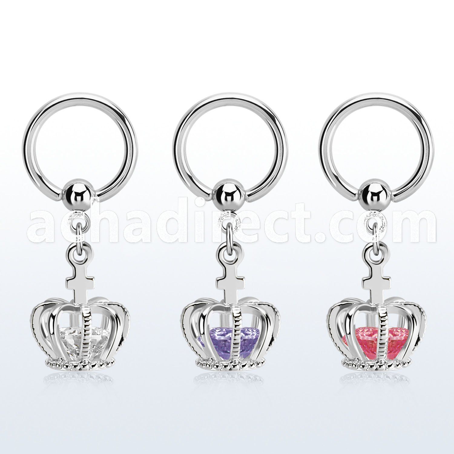 bcrgz590 316l steel bcr, 14g dangling crown w cz