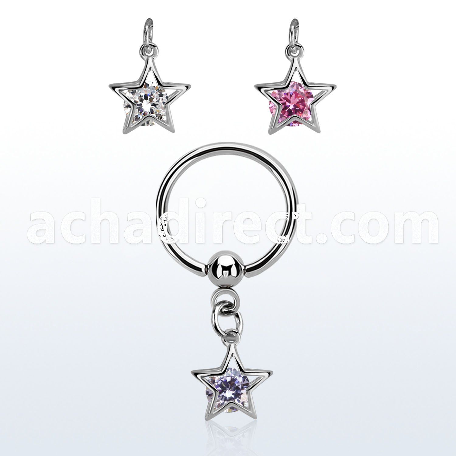 bcrsz414 steel ball closure ring w dangling star shape w round cz