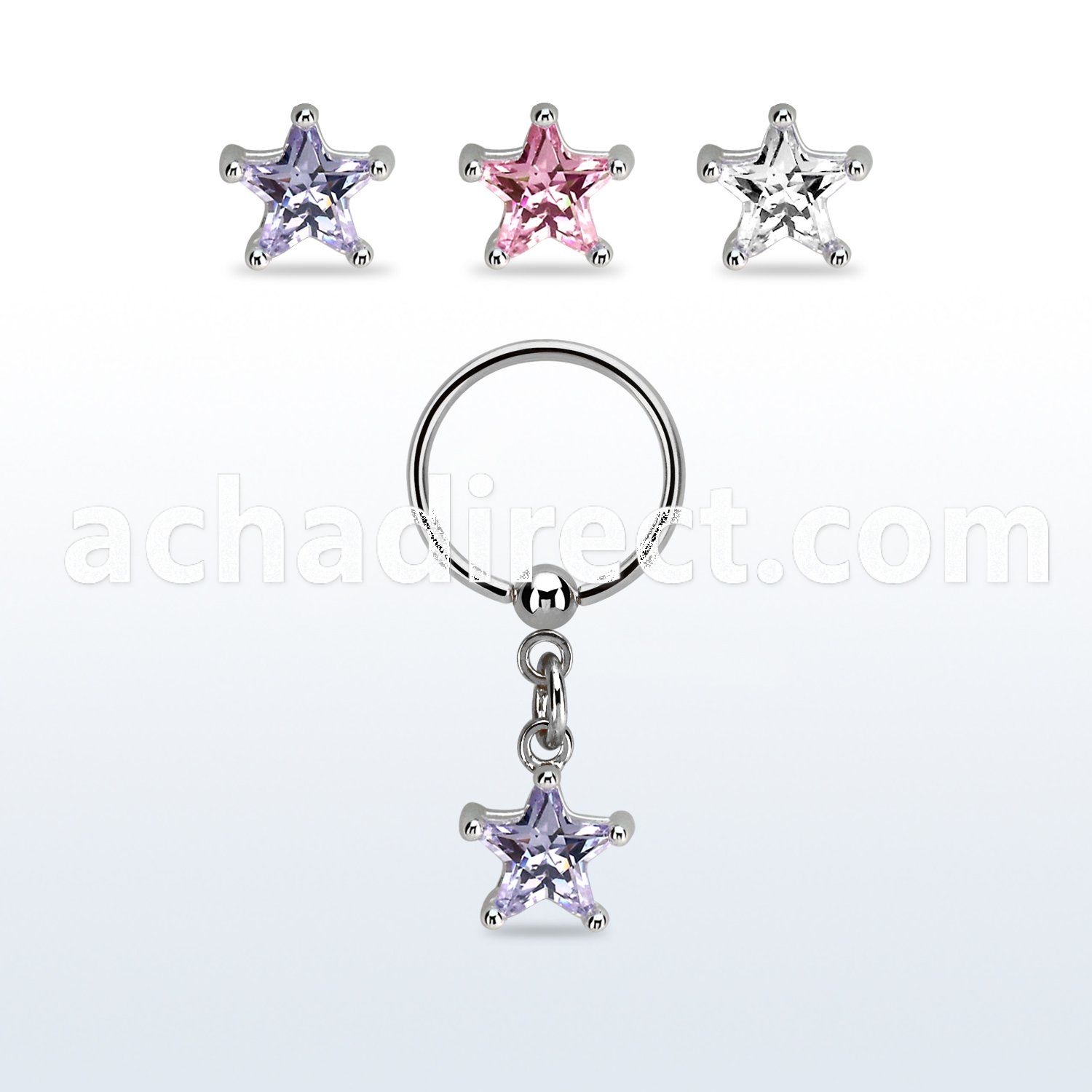 bcrszs6 steel bcr w dangling 6mm prong set star shaped cz stone 