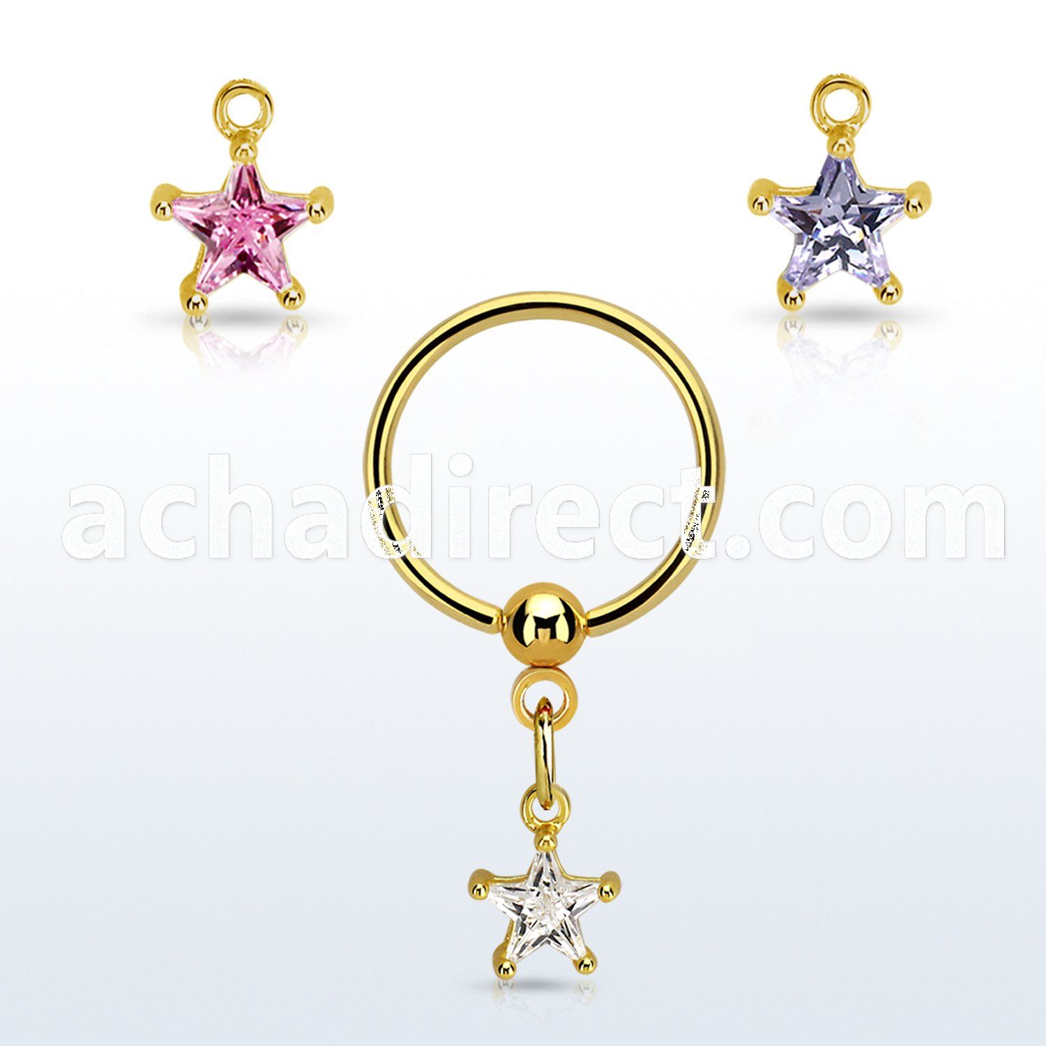 bcrtsz8 gold steel ball closure ring w dangling star cz stone 