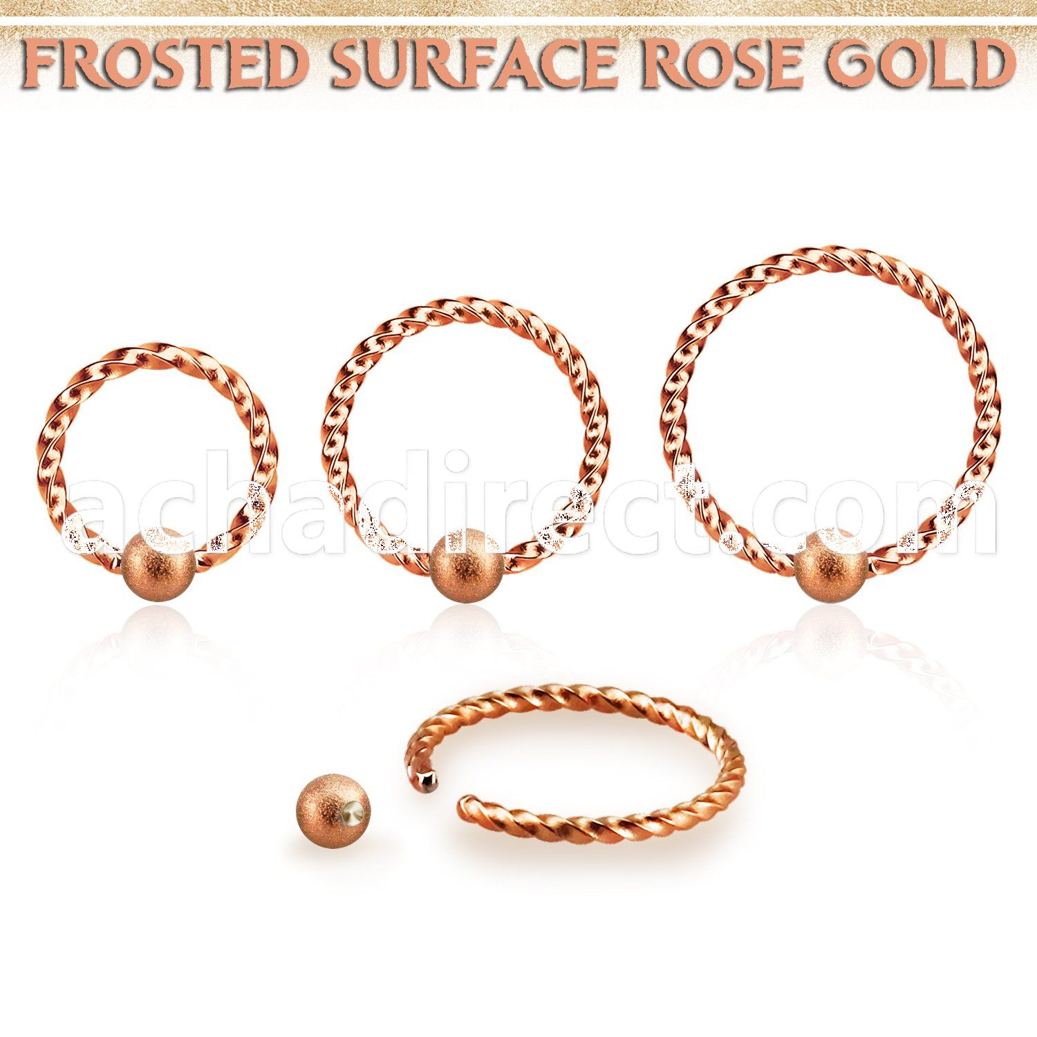 bcwr18f3 rose gold ball closure ring twisted wire w frosted ball