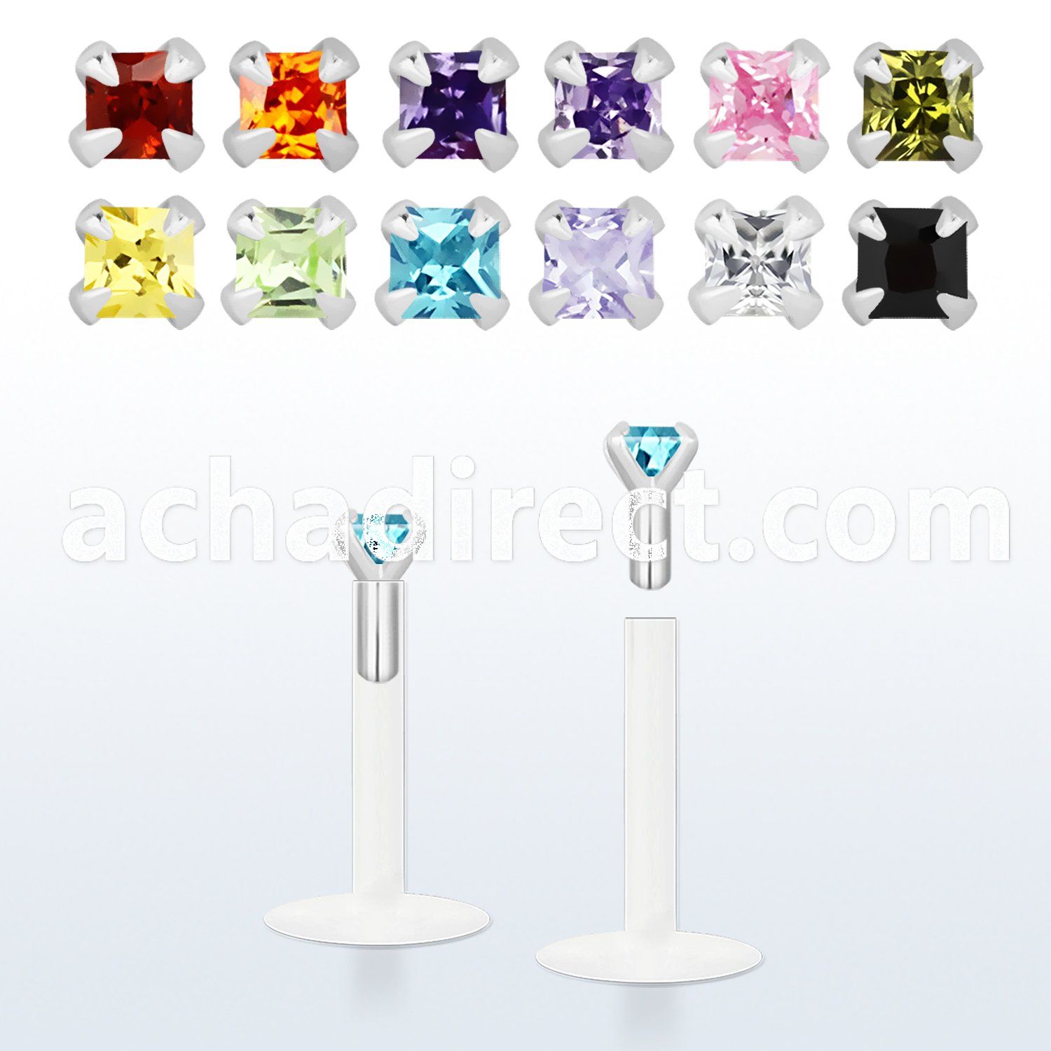 bilbqz bio flexible labret with prong set 2mm square cz stone