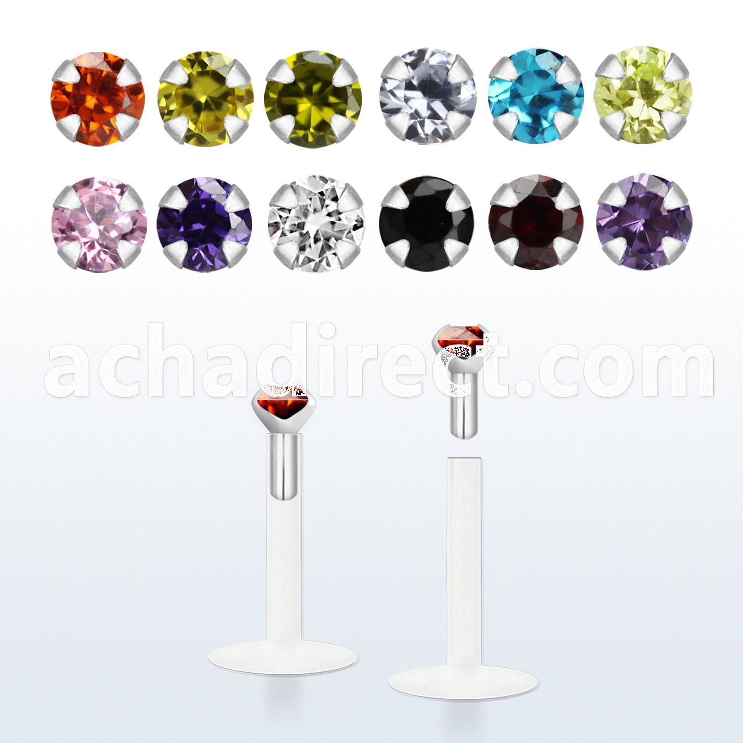 bilbz bio flexible labret with 2mm prong set round cz stone
