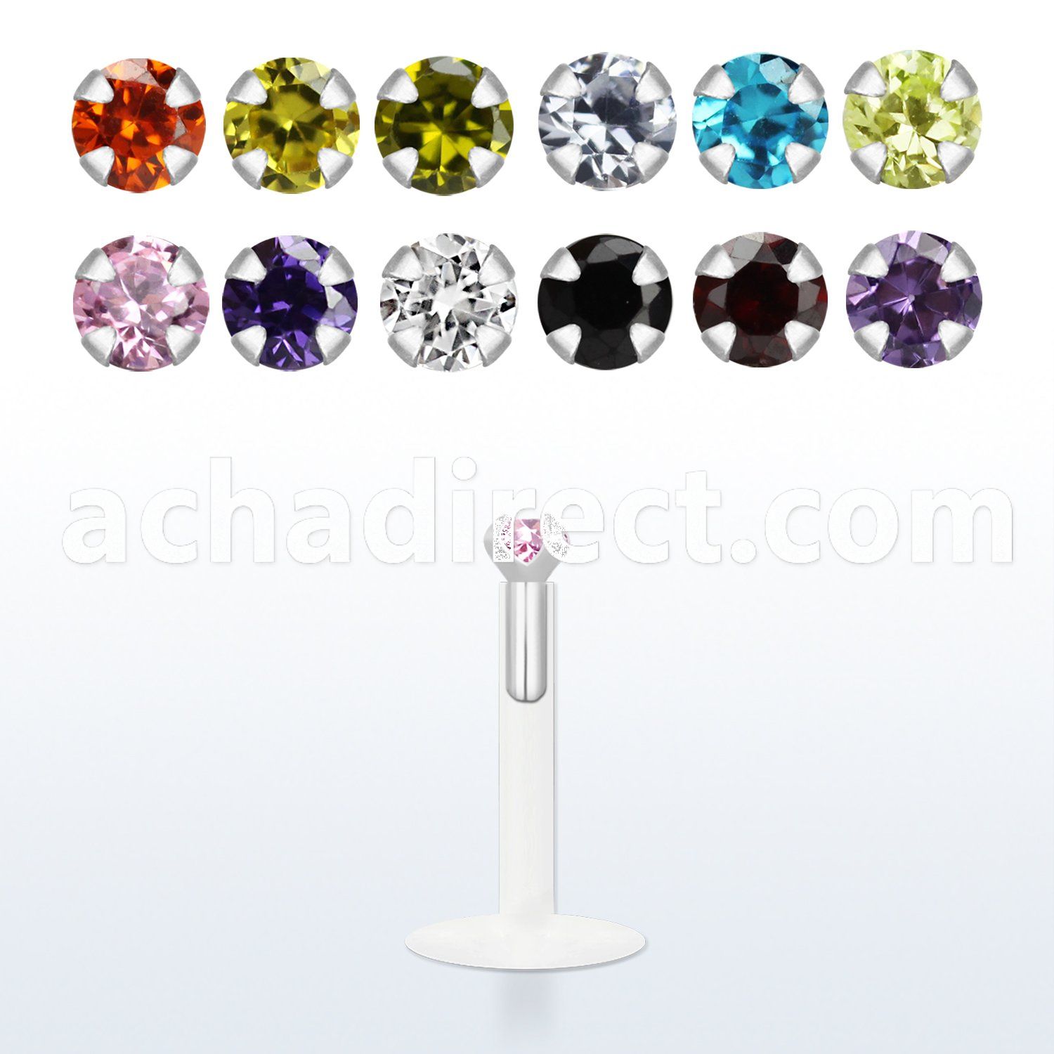 bilbzs bio flex labret with 1 5mm prong set round cz stone