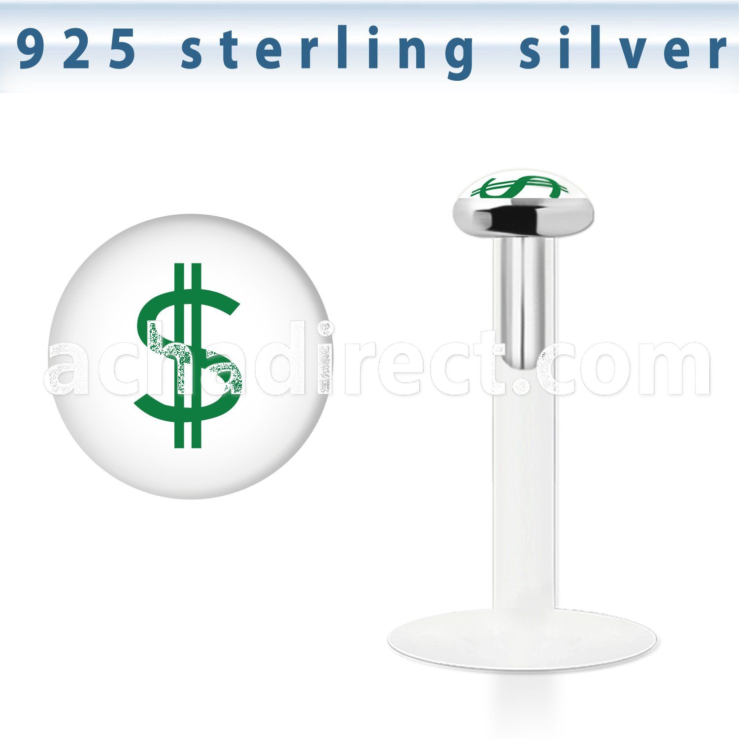 bilg14 bio flex labret with 3mm flat silver top w dollar logo