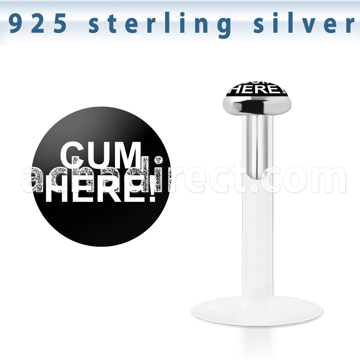 bilg25 bioflex labret w 3mm flat silver top w cum here logo
