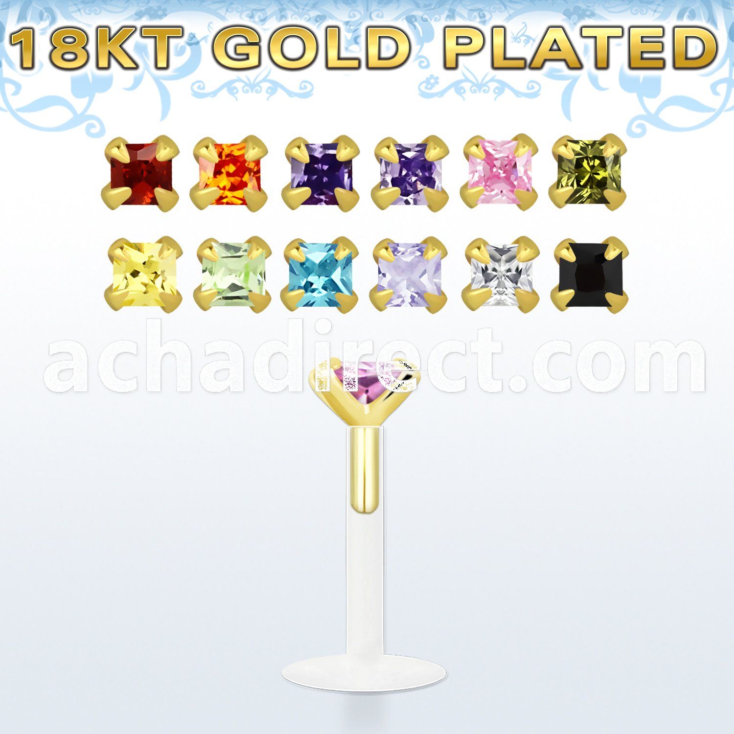 bilq3rg bioflex labret w gold silver w square 3mm prong set cz