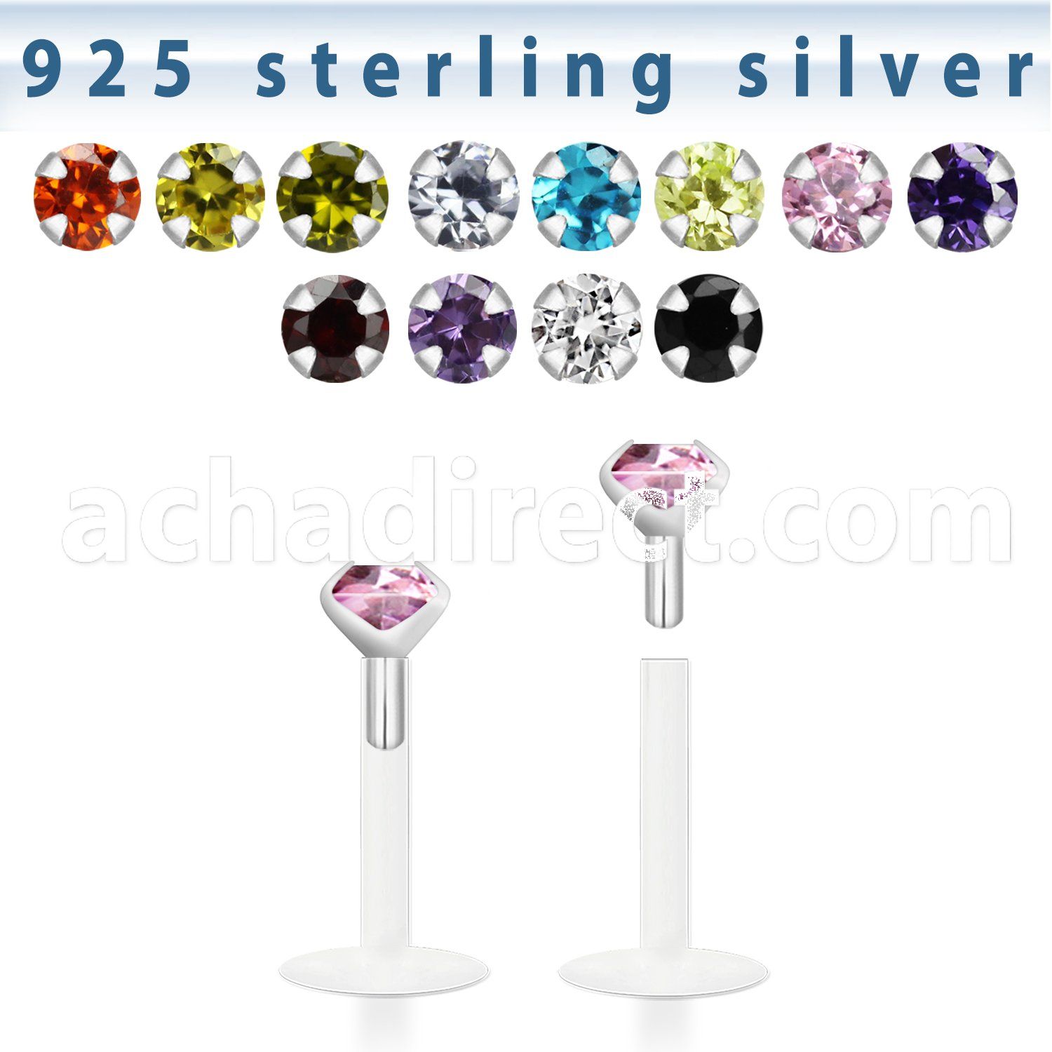 bilz3m bio flex labret w silver top with 3mm prong cz