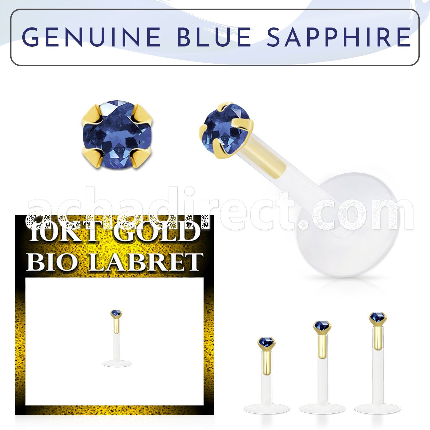 bioflex labret with 10kt gold w prong blue sapphire