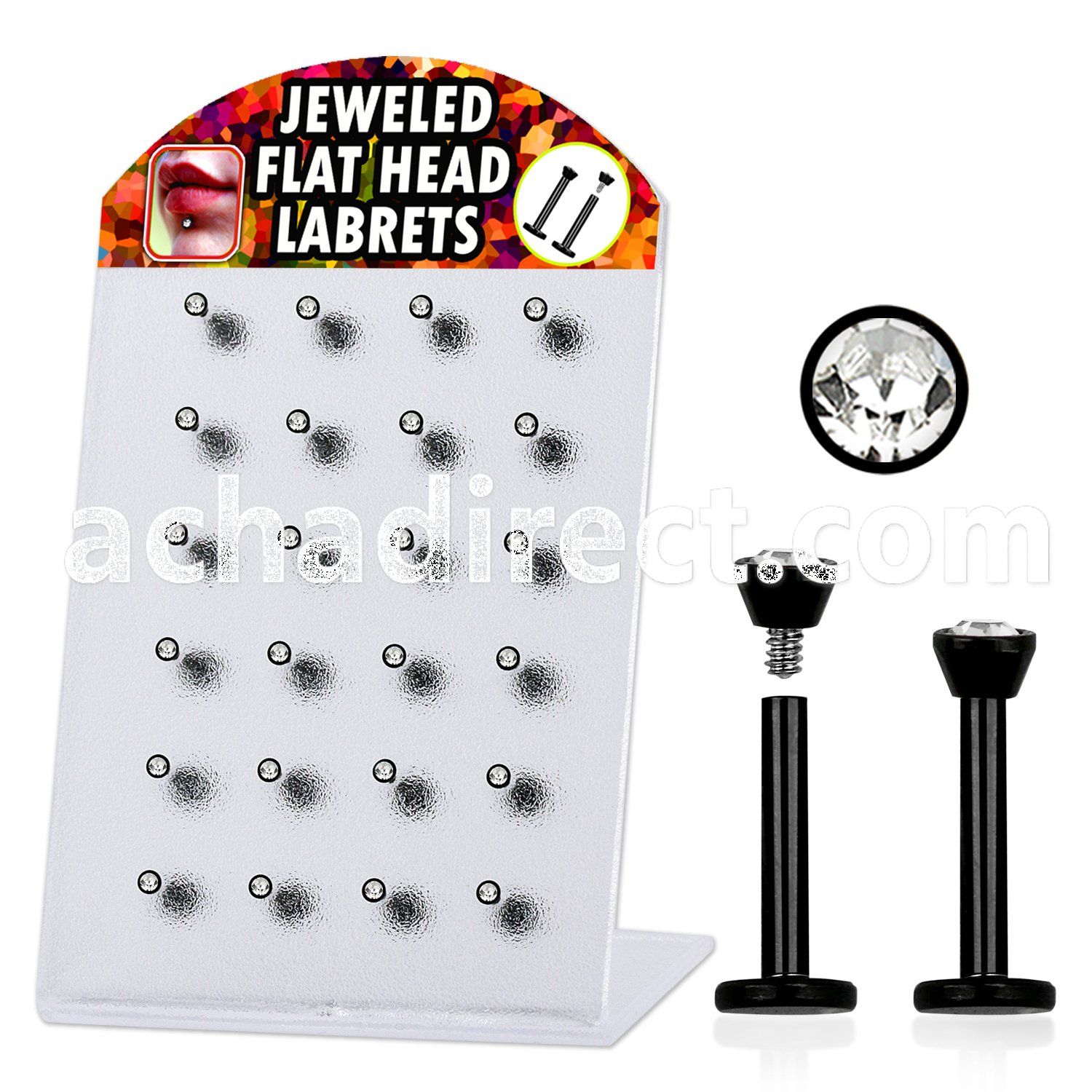 blbkc black anodized 316l labret with 2 5mm clear jewel top