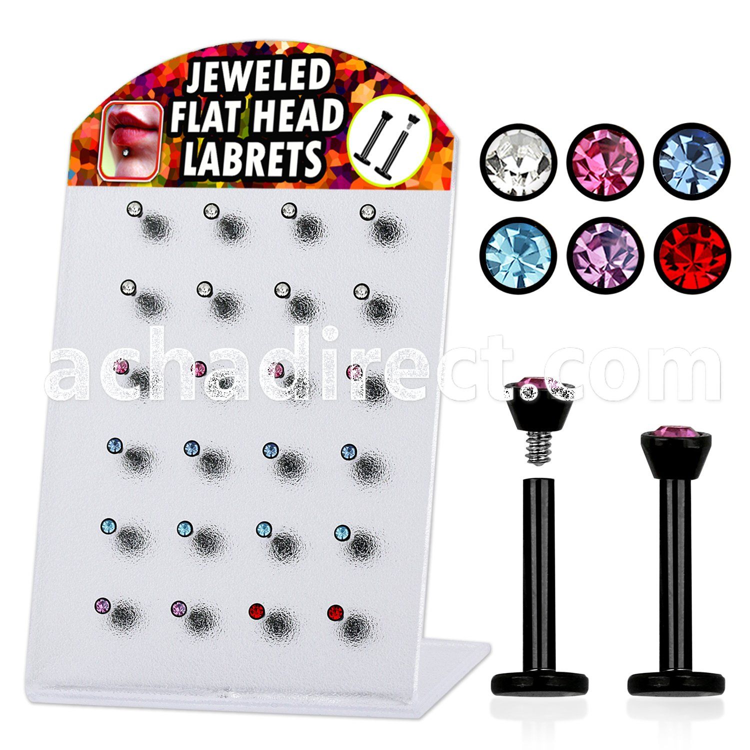 blbkm anodized 316l steel labret w assorted colored jewel top