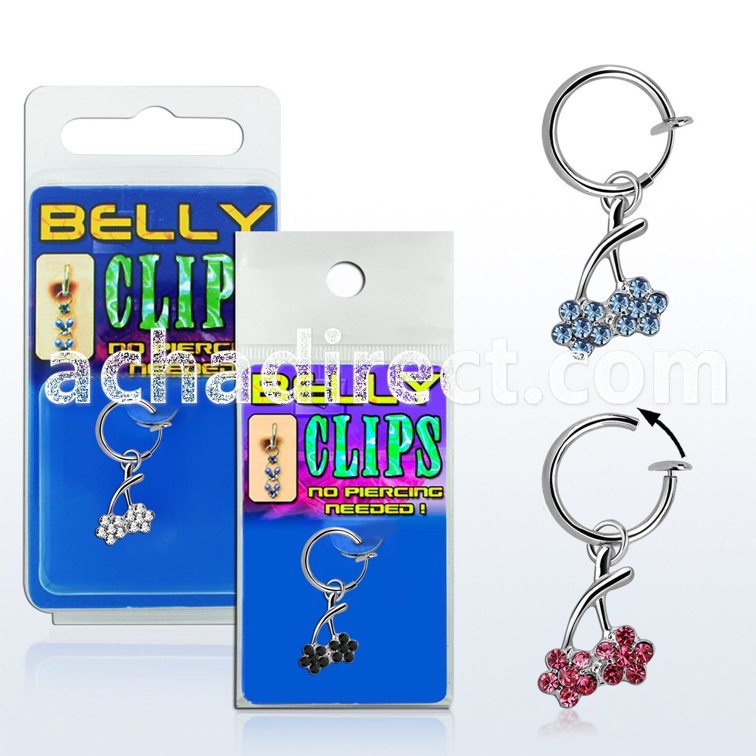 blcp1 fake belly clip with dangling flowers in blister pack