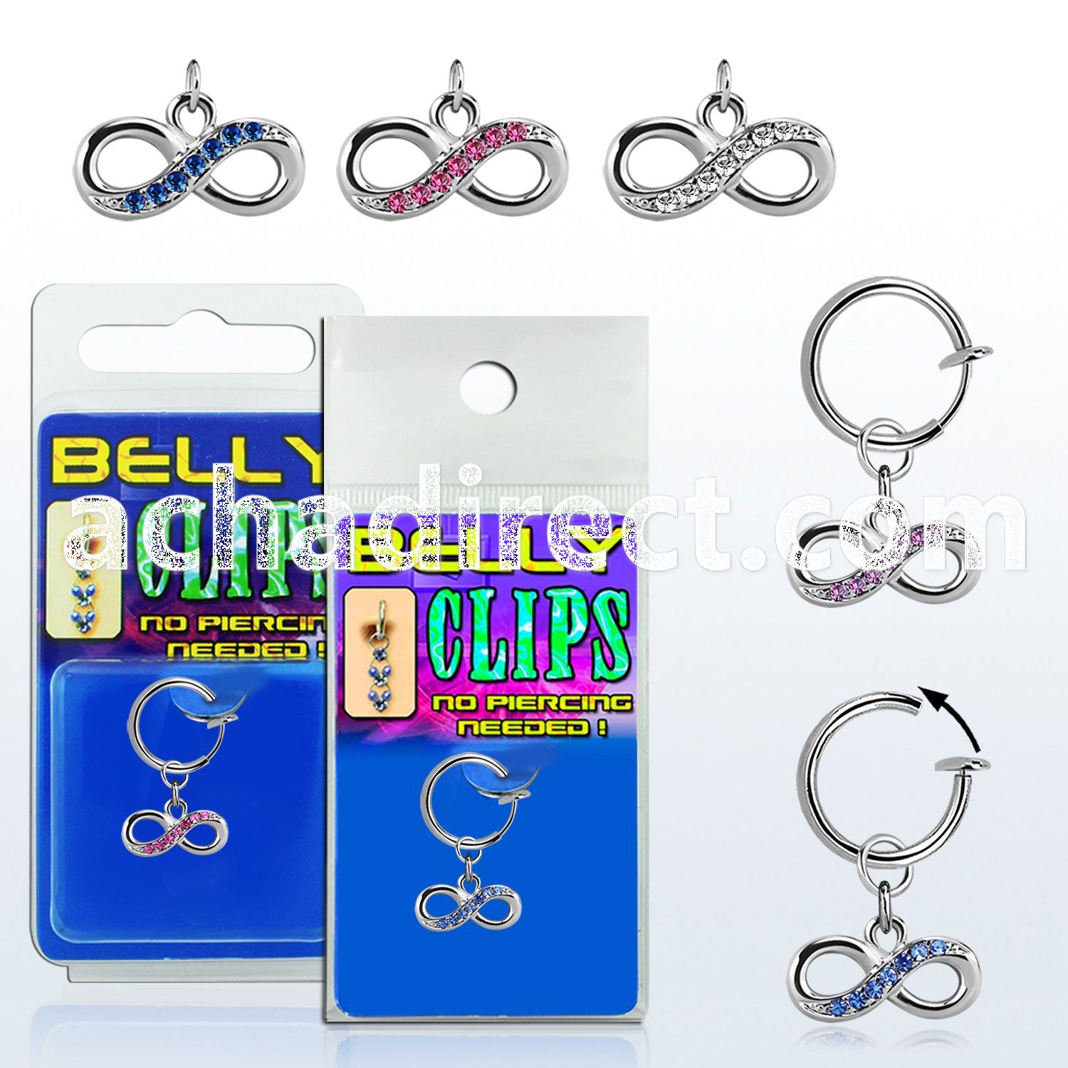 blcp617 fake belly clip w a dangling infinity symbol w crystals 