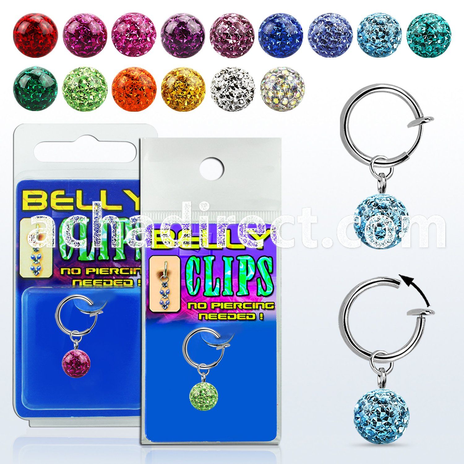 blcp626 fake belly clip w dangling 8mm ferido multi crystal ball