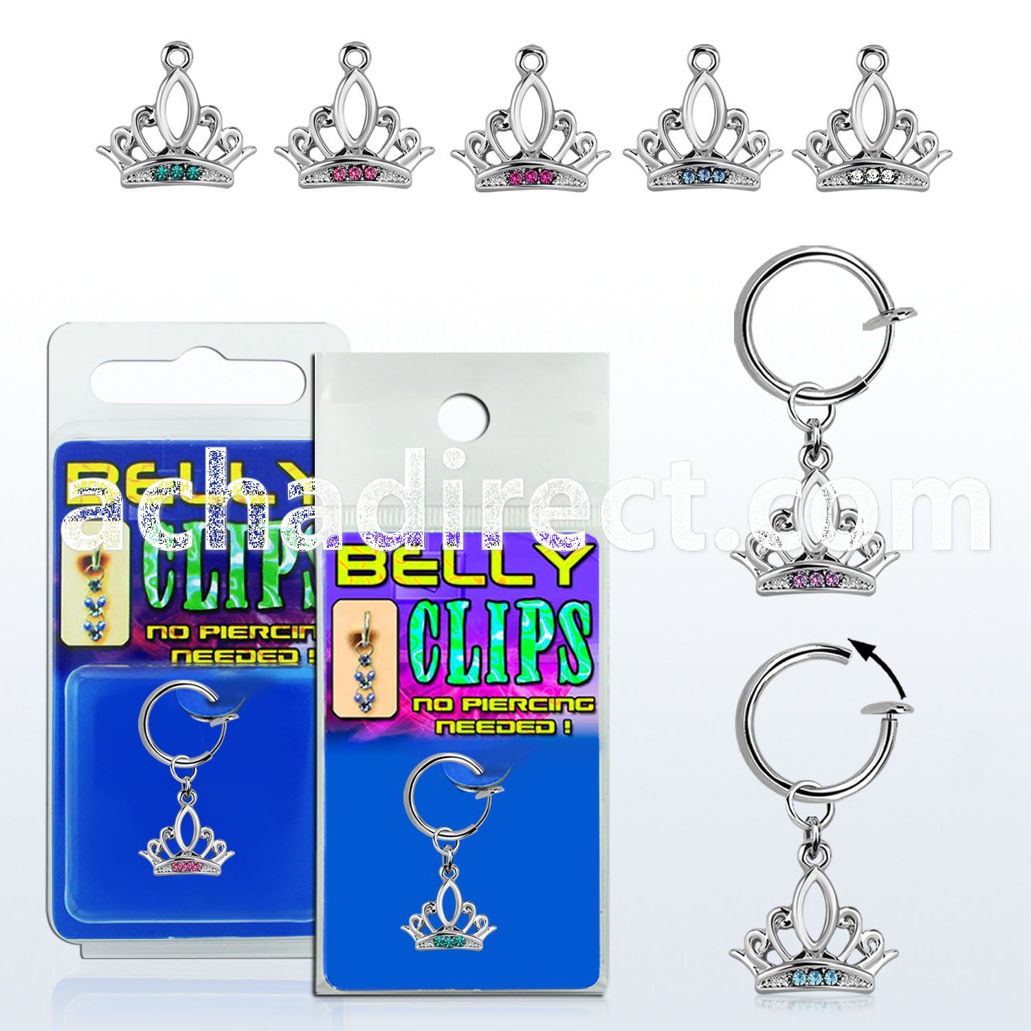 blcp649 fake belly clip w a dangling crystal studded crown 