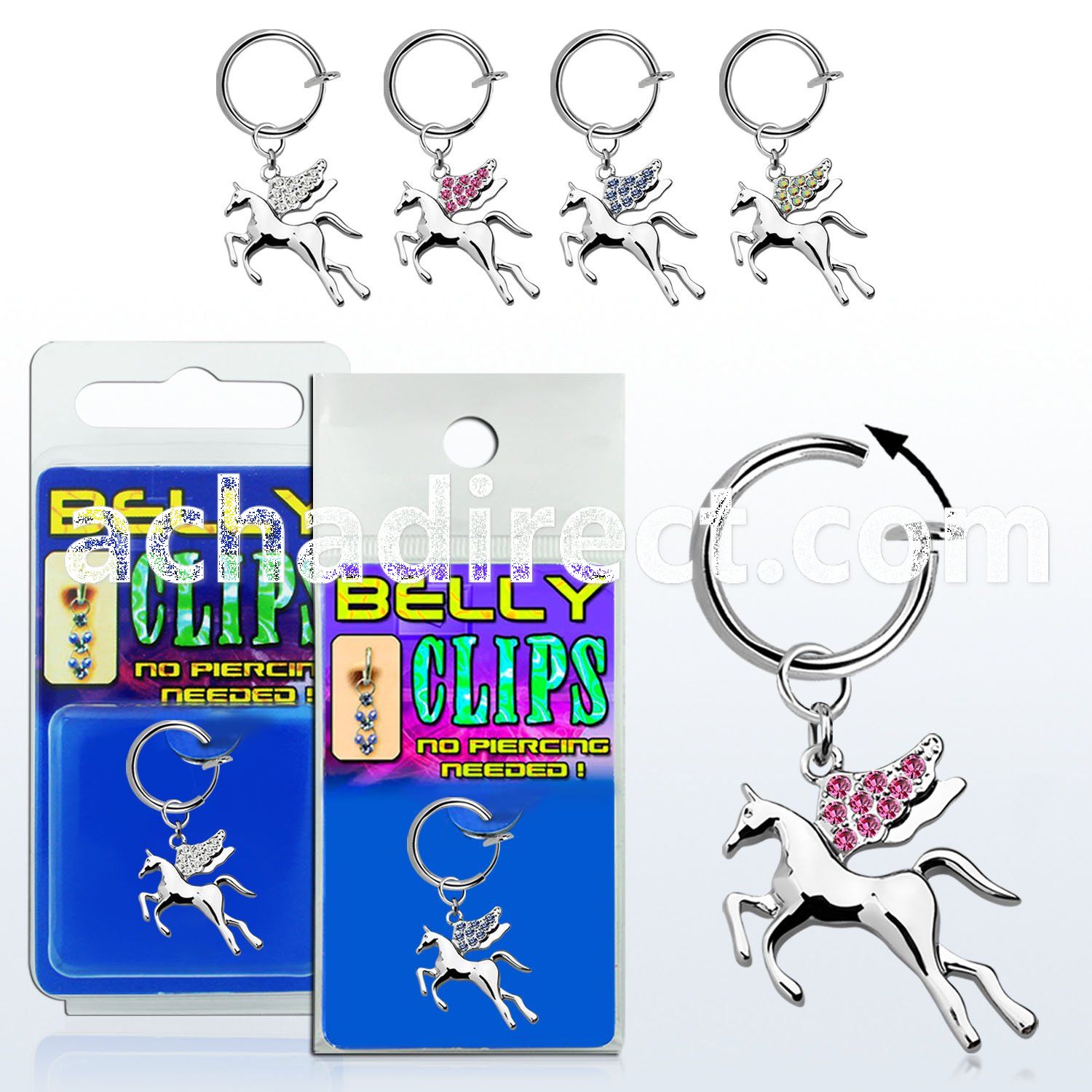 blcp675 fake belly clip w a dangling pegasus w crystal wings 