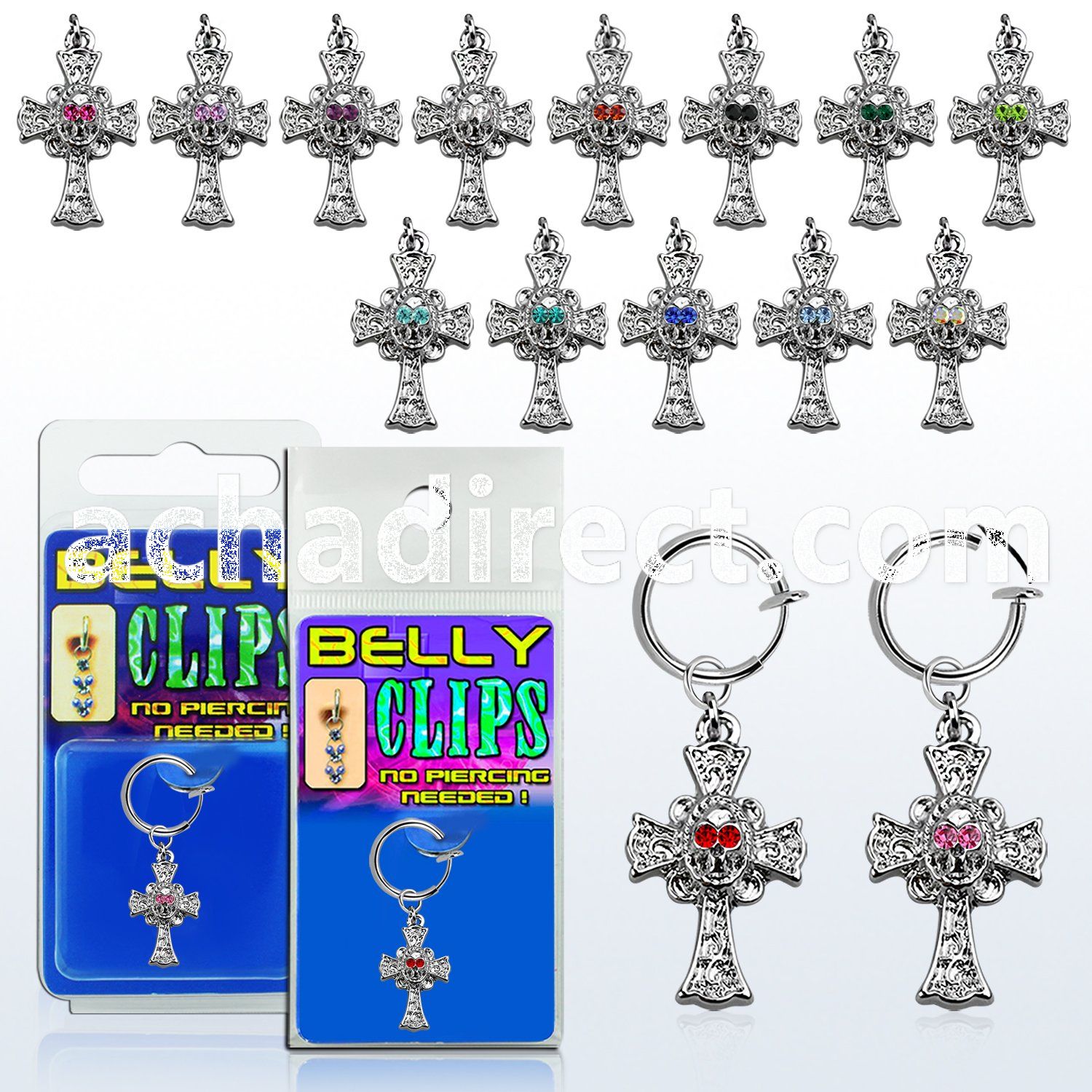 blcp694 fake belly clip w a dangling cross w skull 