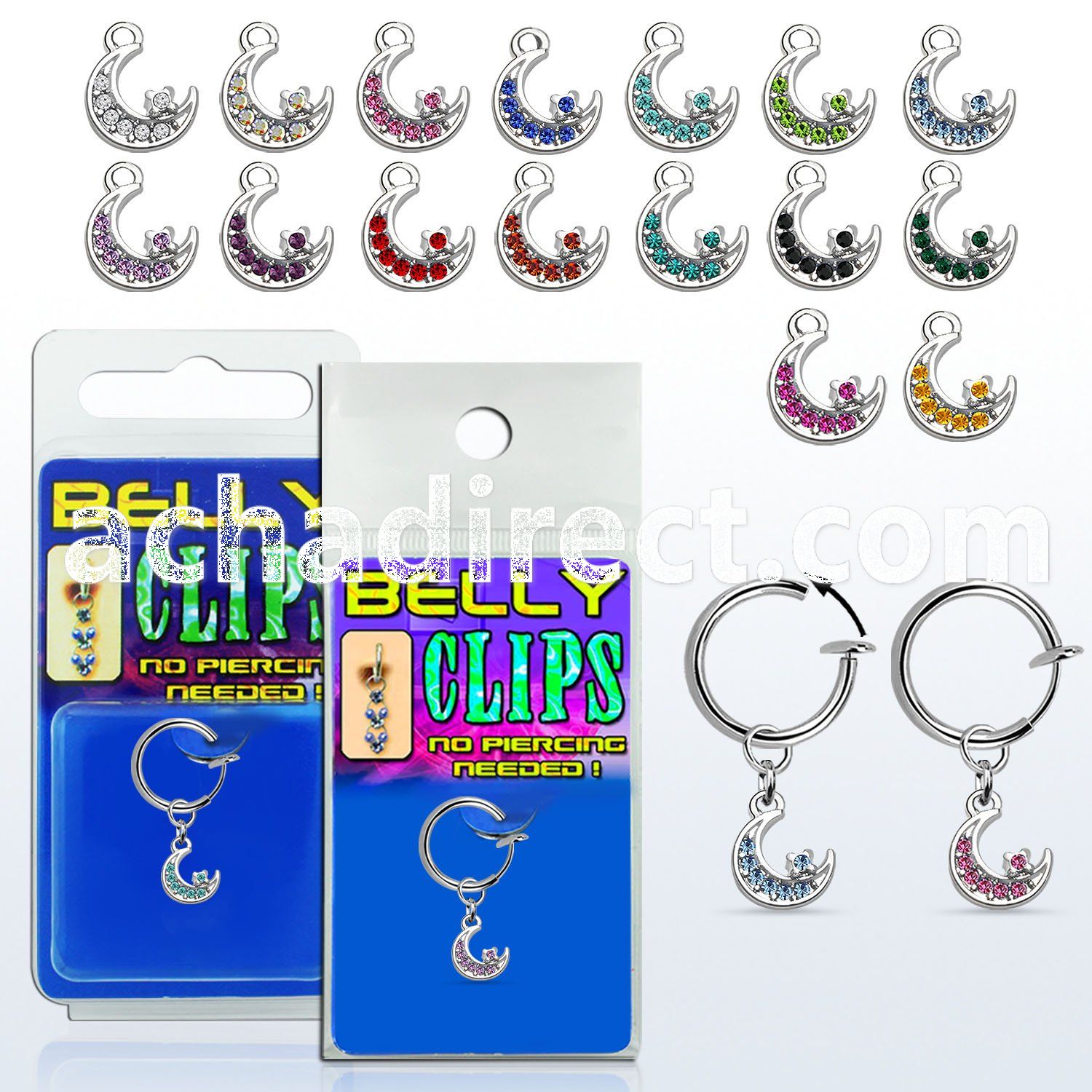 blcp734 non piercing fake belly clip w a dangling moon w crystal
