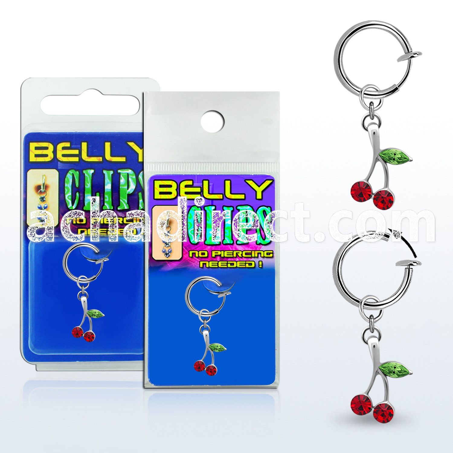 blcpch10 fake belly clip w a dangling tiny crystal cherry  