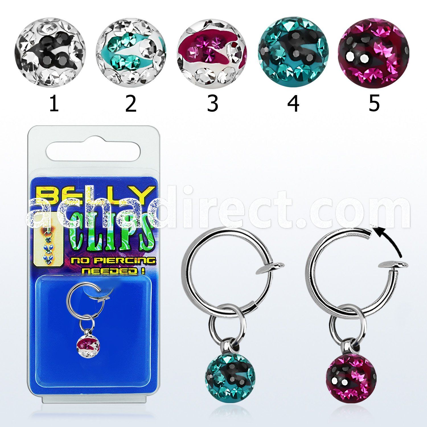 blcpt117c fake belly clip w a 5mm multi crystal zebra ball