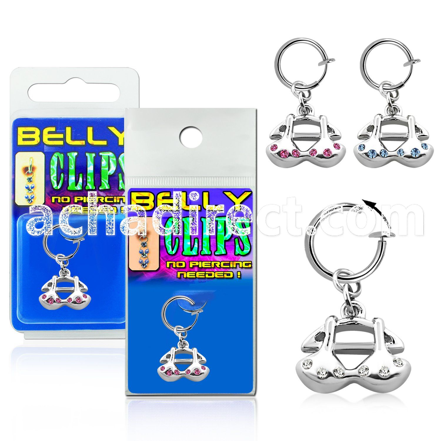 blcpt24 fake belly clip with dangling crystal bra in package