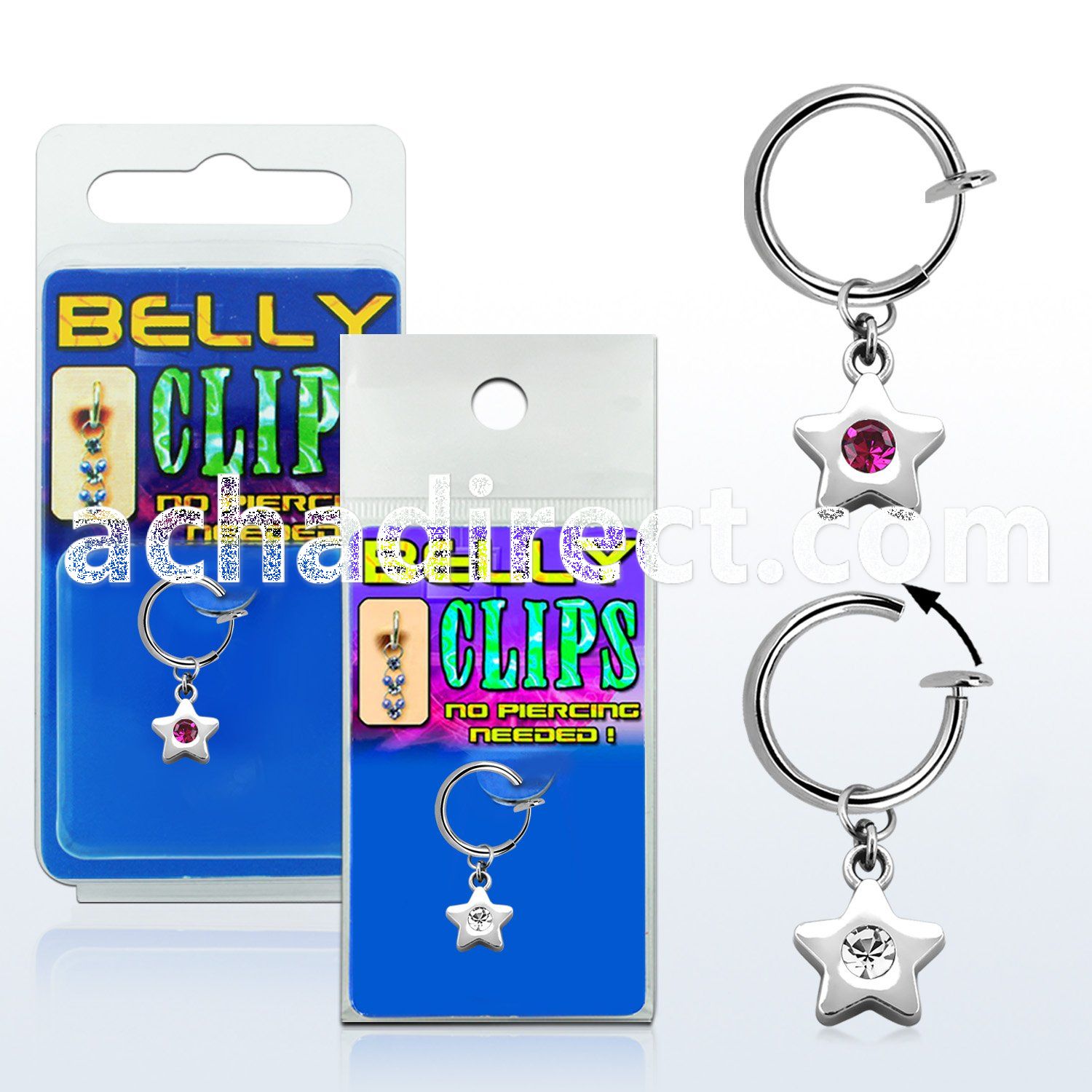 blcpt58 fake belly clip with dangling crystal star in package